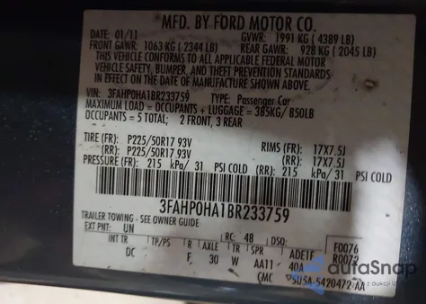 2011 Ford Fusion Se z USA, uszkodzony, nr VIN 3FAHP0HA1BR233759